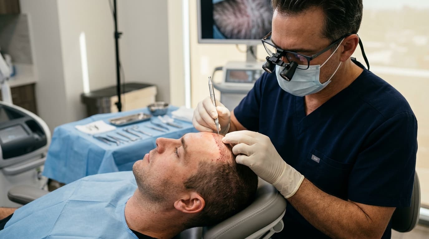 Chirurgien trichologue réalisant une micro-greffe capillaire folliculaire FUE Saphir et DHI en bloc opératoire